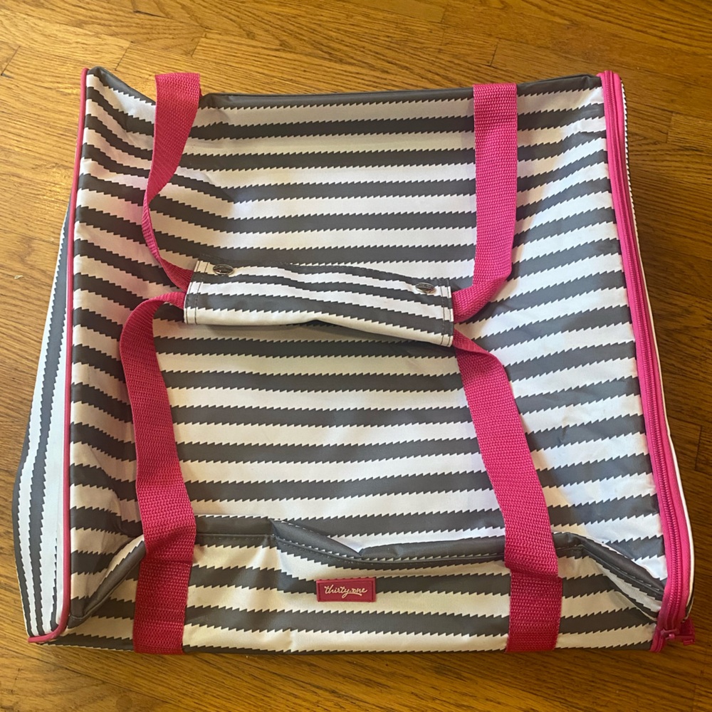 Gray Striped Insulated Food Bag with Pink Accents